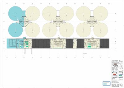 Etasjeplan (toppsikt) som viser romfordeling, vegger og møblering for et stort bygg med sirkulære soner.