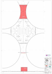 Etasjeplan (topplan) som viser romfordeling, vegger og plassering av utstyr i en bygning.