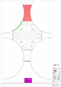 Etasjeplan (toppsikt) som viser romfordeling, vegger og plassering av utstyr i en bygning.