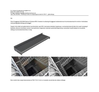 Fotografier av en gitterristtrapp (varmforsinket, type GR1) sett fra ulike vinkler, inkludert et overblikk og nærbilder av trinnene.