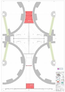 Etasjeplan som viser romfordeling, vegger og soner i en bygning.