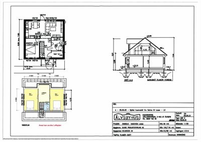 Bildet viser en samling tegninger for et hus, inkludert etasjeplaner (VINGPLAN), snittegning og arealopplysninger.