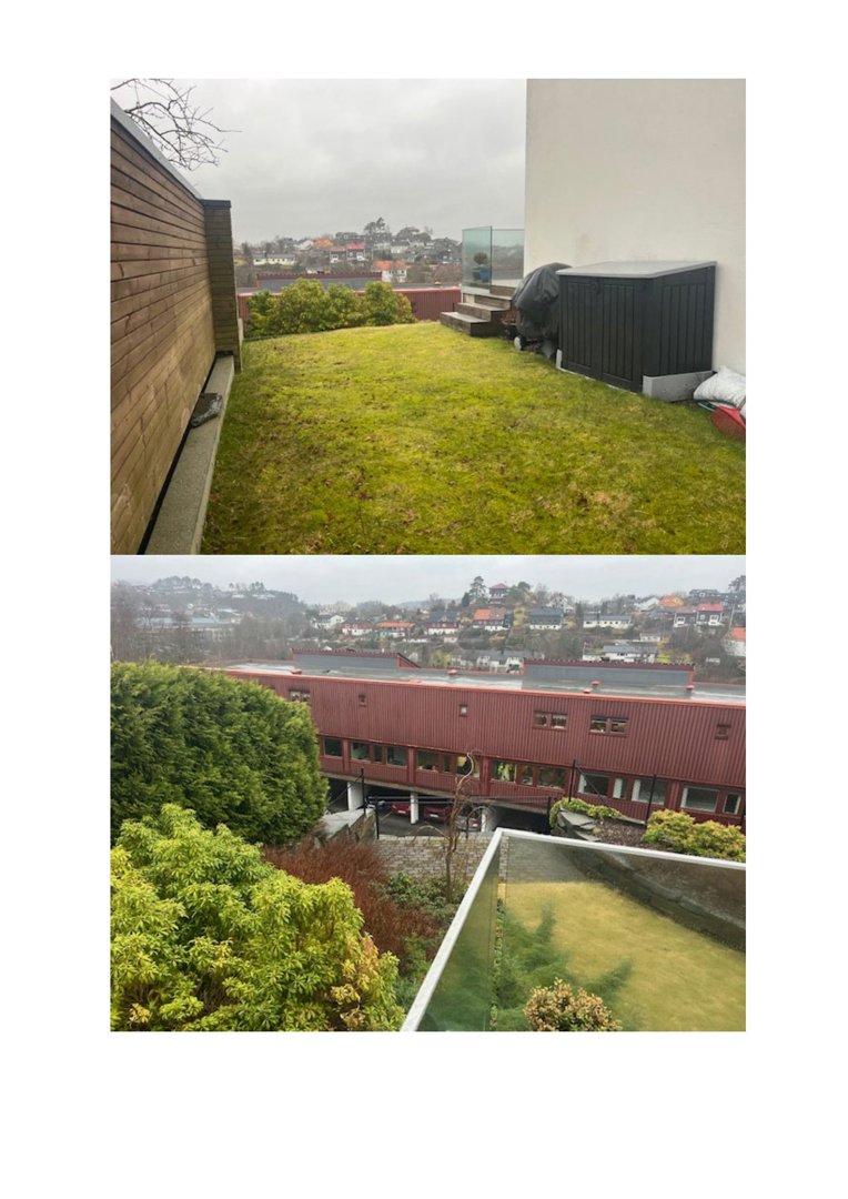Fotografier av en terrasse eller hage med utsikt over nabolaget og en nabobygning.
