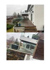 Fotografier av en terrasse og balkong med glassrailing og tredekk, sett fra ulike vinkler.