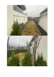 Fotografier av en eksisterende eller ferdigbygget bolig med hage og nabobebyggelse.