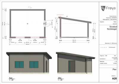 Fasadetegning som viser front- og sideutsikt av en bygning med mål og detaljer.