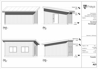 Fasadetegning som viser utsiden av en bygning sett fra fire sider (Nord, Øst, Sør, Vest) med mål og høydeangivelser.
