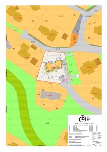 Situasjonsplan som viser tomtens grenser, nabotomter, veier og bygningers plassering i forhold til hverandre.