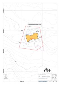 Situasjonsplan som viser tomtens form, høydemålinger (konturlinjer), og grenser for oppmåling.