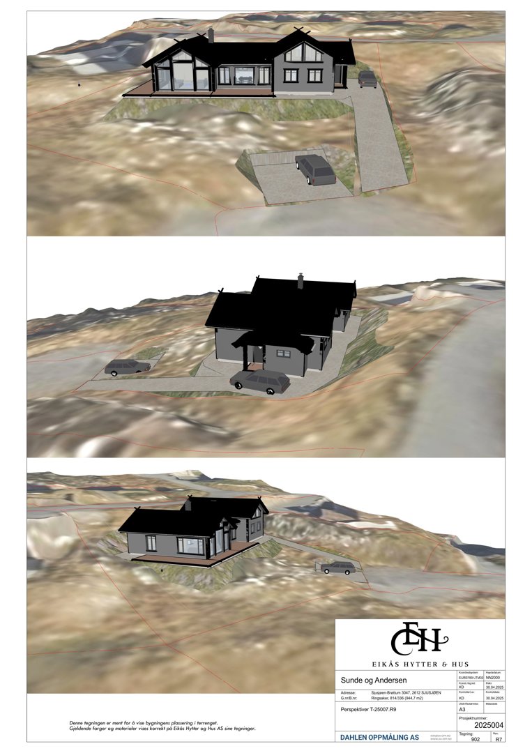 3D-visualisering (rendering) av en hytte sett fra tre ulike vinkler på et terreng.