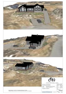 3D-visualisering (rendering) av en hytte sett fra tre ulike vinkler på et terreng.