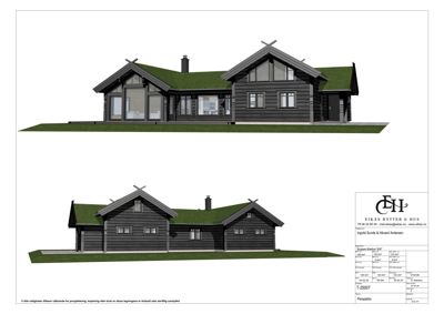 Bildet viser to fasadetegninger (oppsett) av en hytte, én fra front og én fra siden.
