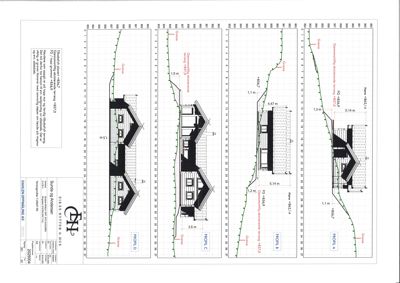 Fasadetegning som viser bygningens utsyn fra fire ulike vinkler (FRONT A, B, C og D) med mål og høydeoppgaver.