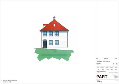 Fasadetegning av eksisterende hus sett fra øst