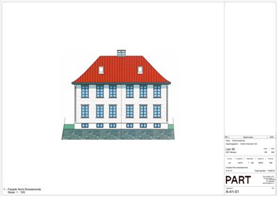 Fasadetegning av eksisterende bygning sett fra nord