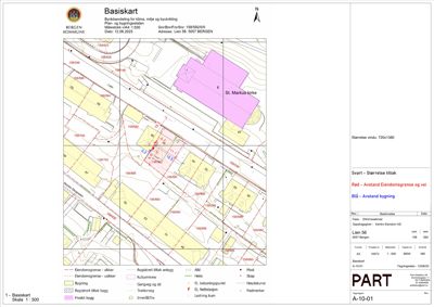 Et basiskart (situasjonskart) som viser eiendomsgranser, bygninger, veier og topografi for et område i Bergen.