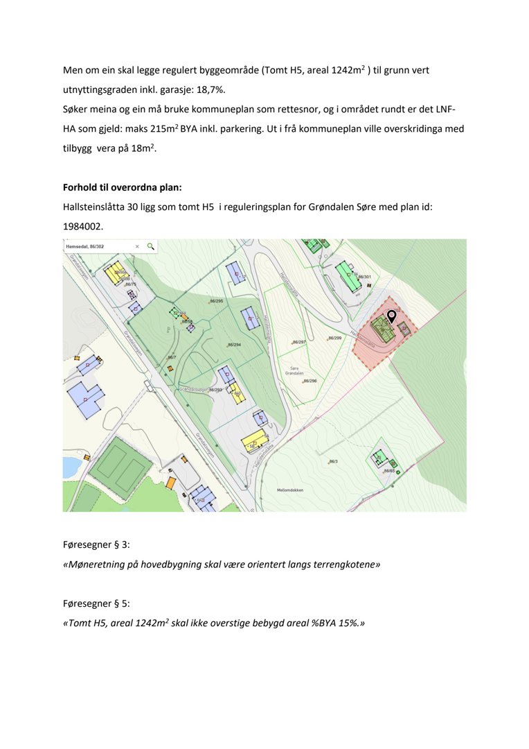 Situasjonsplan som viser tomt H5 i Grøndalen Søre med bygningsspor, garasje og nabolag.