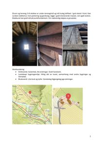 Bildet viser en side fra et dokument som inneholder tekst om en bygning (stabburet), tre fotografier av selve bygningen (interiør og fasade) samt to kartutsnitt som viser beliggenheten.