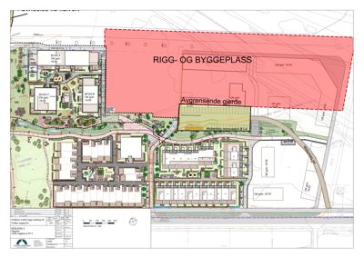 Situasjonsplan som viser tomt, byggeplass, eksisterende og planlagt bebyggelse samt avgrensende gjerde.