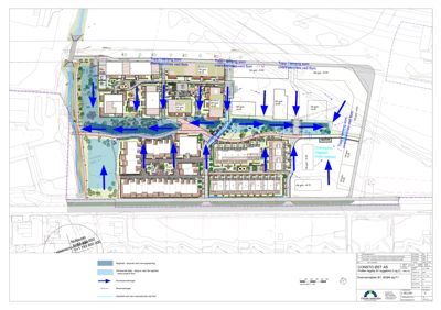 Situasjonsplan som viser tomtens oppdeling, bygningsspor, vannløp og infrastruktur.
