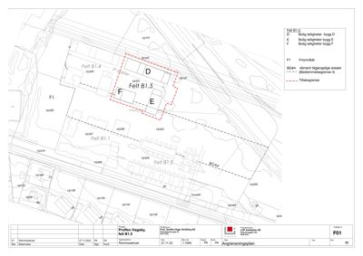 Situasjonsplan som viser tomtedeling, felt (Felt B1.5), byggefelt (D, E, F), avgrensninger og tilhørende arealer.