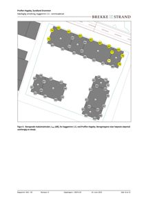 Et situasjonsplan eller etasjeplan som viser romfordeling og støyverdier (dB) for byggetrinn 1.5 ved Proffen Hageby.