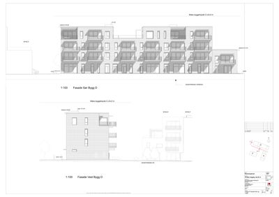 Bildet viser fasadetegninger for en bygning, inkludert 'Fasade Sør Bygg D' og 'Fasade Vest Bygg D', med mål og høydeangivelser.