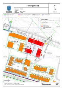 Situasjonskart som viser tomtens plassering, naboeiendommer, veier og planlagt bebyggelse (B1.4, B1.5, B1.6) med etasjeantall og mål.