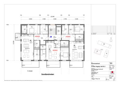 Etasjeplan for 3. etasje i et boligprosjekt, som viser romfordeling, stueplassering og inngangspunkter.