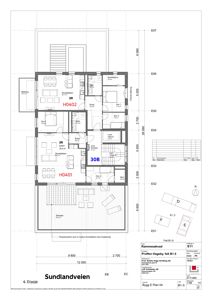 Etasjeplan for 4. etasje som viser romfordeling, stue, soverom og terrasse.
