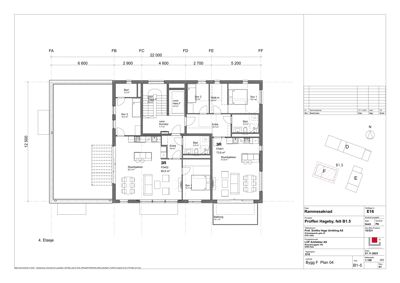 Etasjeplan (4. etasje) som viser romfordeling, stueplan og mål for en bygning.