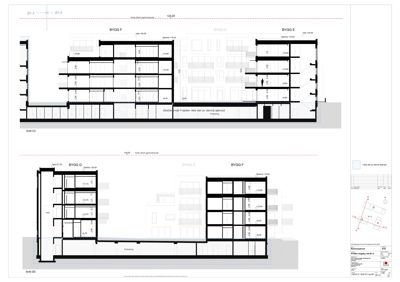 Etasjeplan som viser romfordeling og høyder for flere bygninger (BYGG D, E, F).
