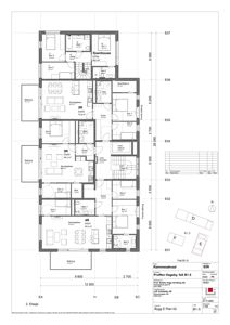 Etasjeplan (2. etasje) av en bygning med flere leiligheter (Townhouse), som viser romfordeling, størrelser og inngangspunkter.