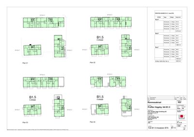 Etasjeplaner (Plan 01-04) for et bygg med romfordeling og arealoppsett.