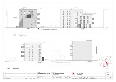 Fasadetegning som viser bygningenes utseende sett fra nord og øst.