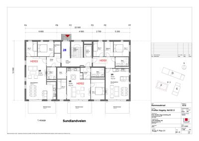 Etasjeplan (1. etasje) som viser romfordeling, stuer, soverom og tekniske rom.