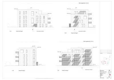 Bildet viser fire fasadetegninger av en bygning sett fra fire ulike sider (Nord, Vest, Sør, Øst).