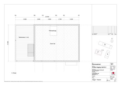 Etasjeplan for takterrasse på 5. etasje med romfordeling og mål.