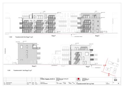 Fasadeoversikt som viser bygningenes utseende sett fra vest og øst.