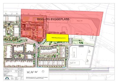 Situasjonsplan som viser byggeplass, midlertidig parkering og omgivelsene.