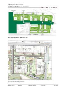Bildet viser to arkitektoniske tegninger: øverst en illustrasjonsplan for byggetrinn 1.1-1.7, og nederst et utomhusplan for byggetrinn 1.5. Begge viser romfordeling, etasjer og bygningsplassering.