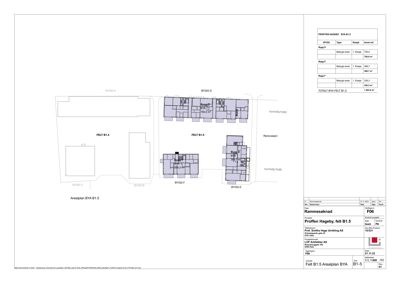 Arealplan som viser plassering av flere bygninger (BYGG A-F) på en tomt (FELT B1.5) i et nabolag.