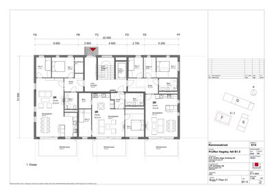 Etasjeplan (1. Etasje) som viser romfordeling, størrelser og funksjoner i et flerfamiliehus.