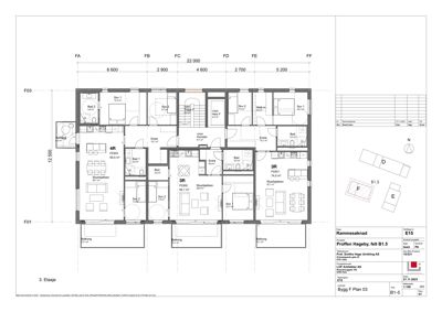 Etasjeplan for 3. etasje som viser romfordeling, stueplassering og inngangspunkter.