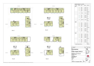 Etasjeplaner (Plan 01-04) for en bygning med romfordeling og arealoppsett.