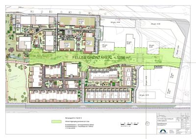 Situasjonsplan som viser tomtens oppdeling, byggefelt (BYGG E, F, G, H), felles grøntareal og høydekurver.