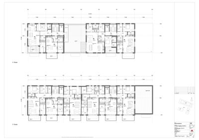 Etasjeplaner for 3. og 4. etasje av en bygning, som viser romfordeling, dører og vinduer.