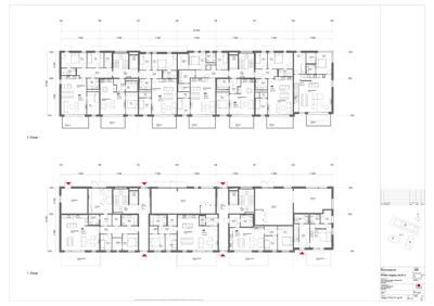 Etasjeplaner for 1. etasje og 2. etasje av en bygning, som viser romfordeling og målinger.