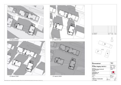 Situasjonsplan som viser tomtens beliggenhet i forhold til nabolaget, med solfag (skjuggel) for ulike tidspunkter på dagen.