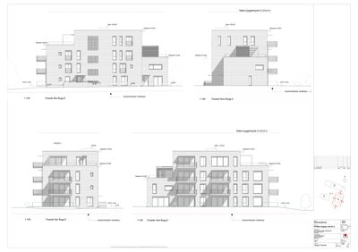Fasadetegning som viser bygningens utseende sett fra fire ulike sider (Øst, Nord, Sør, Vest).